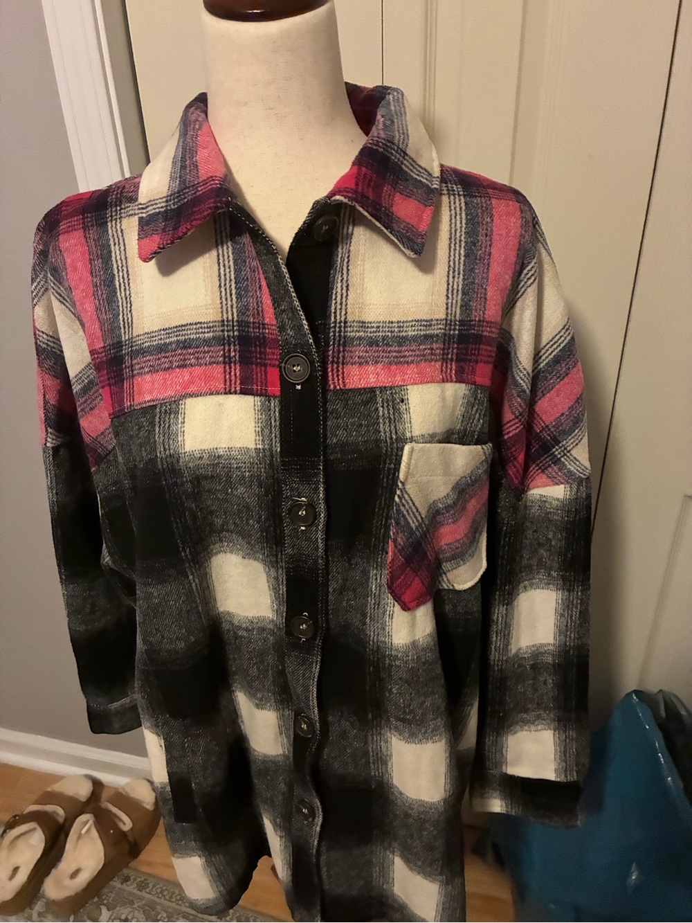 Zenana Outfitters Pink, Black & Cream Plaid Flannel Shacket